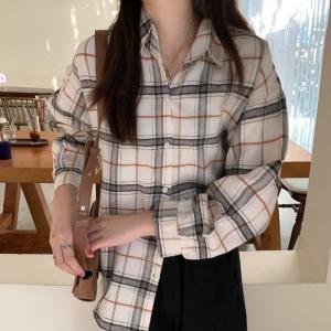 Ready stock korean women ladies loose vintage plaid Shirt long sleeve shirt blouse baju baju wanita lengan panjang Office wear OL Blouse Casual Blouse Hijab Friendly Blouse