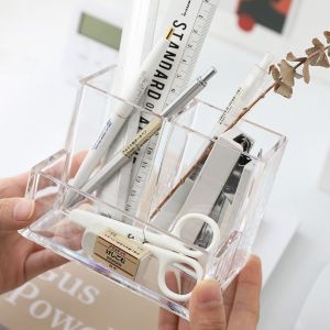 YUNAFIN Transparent Acrylic Pen Holder Three Grid Square Pencil Rack Large Capacity Storage Rack School