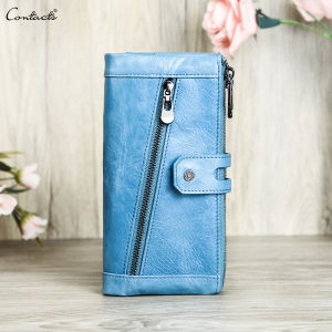 CONTACTS Genuine Leather Wallets Long Clutch Bag For Women Zipper Phone Pocket Coin Purse Quality Card Holder