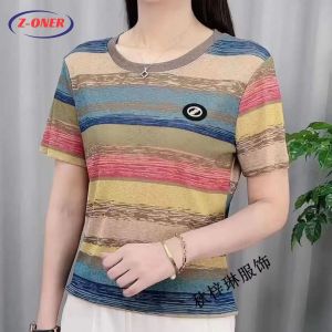 Z-ONER Womens T-shirt Korean Style Retro Striped Stitching T-shirt Fashion Short-sleeve T-shirt