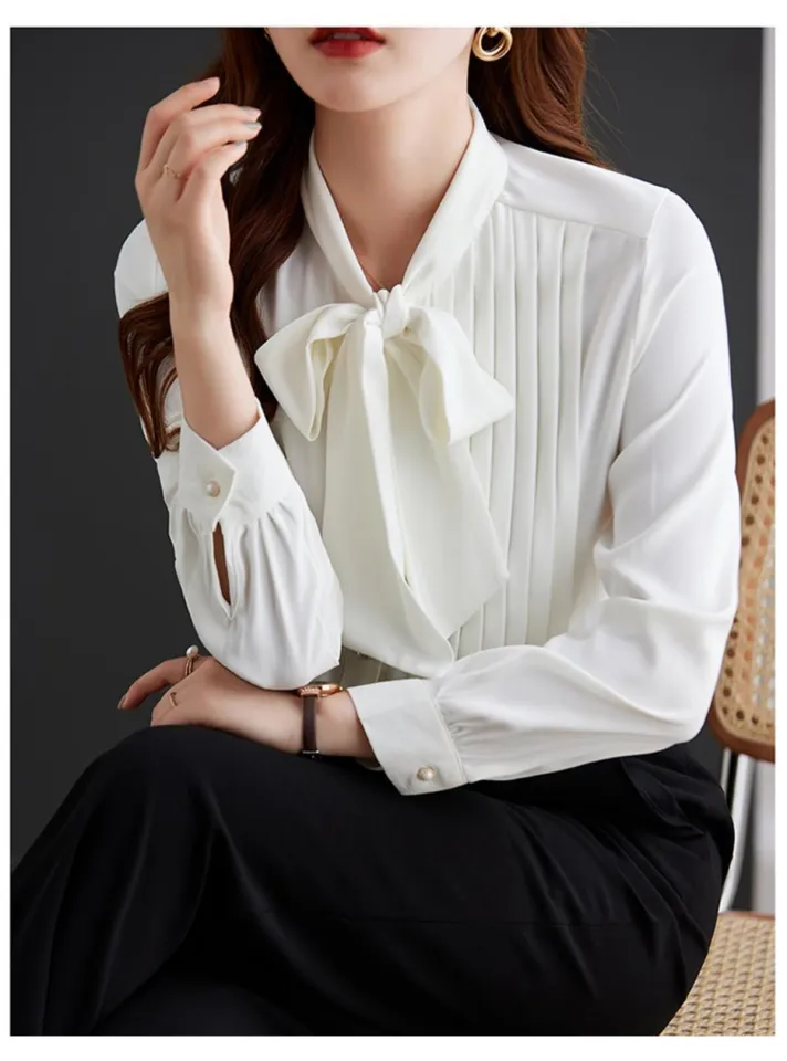Pleated Women Shirt Long Sleeve Bow Tie Neck Pearl Buttons Anti Wrinkle  Office Lady Elegant Blouses Female Fashion Clothes 2024 - Main Image