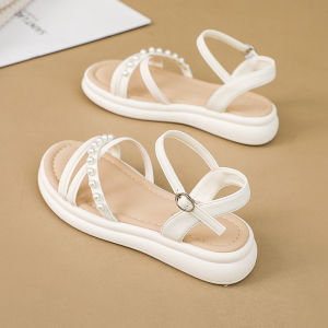 Ielgy dép Phong cách la mã nữ mũi tròn có dây cho mùa hè đế phẳng mềm