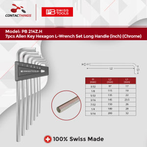 PB SWISS TOOLS 7pcs Allen Key Hexagon L-Wrench Set Long Handle (inch) (Chrome) PB 214Z.H