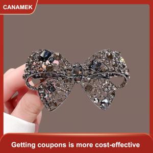 【CANAMEK】 Sáng bóng Rhinestone Hollow Bow kẹp tóc cao cấp màu đen pha lê Bow Side bangs Clip kim loại mỏ vịt Clip Phụ kiện tóc của phụ nữ