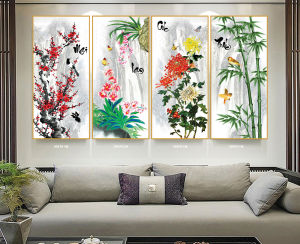 Bộ tranh dán tường 4 tấm Tứ Quý Mai Lan Cúc Trúc chữ Việt nhiều kích thước XHTĐ_010
