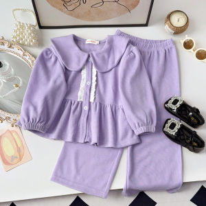 Gấu lãnh đạo 3-7 Tuổi Cô bé dễ thương quần áo phiên bản Hàn Quốc Đồng bằng trẻ em thường ngày của quần áo màu tím Dài Tay Ve áo hàng đầu + quần