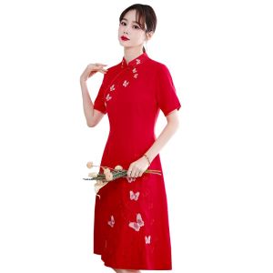 Elegant Wedding Modern Qipao Womens Red Dress Flower Butterfly Embroidery New Chinese Traditional Clothing Midi Dress Casual Party Summer Qipao