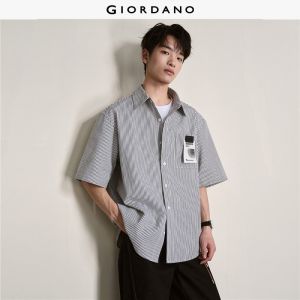 Giordano Men Striped PVC letter patch pocket denim shirt Free Shipping 18046706