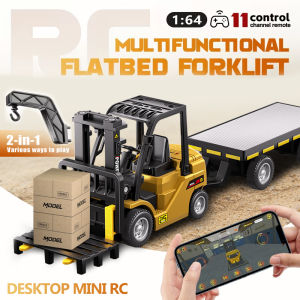 1/64 Mini RC Forklift Toy11 Channel 2 Mode Remote Control Forklift Truck with Rechargeable Battery 2 in 1 Transformable Lift Fork & Hook with Lights & Sounds Gift for Adults Kids Boys Girls Yellow