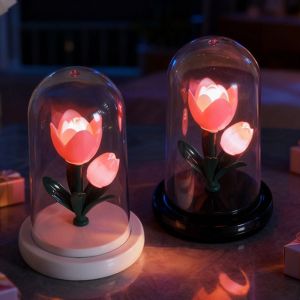 OKDEALS01 Romantic Eternal Tulip Lamp with Lampshade Luminous LED Flower Light Home Decoration Creative Tulip Night Light Valentine Day Gift