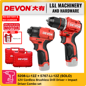 DEVON 5208-LI-12 + 5767-LI-12 12V Lithium-Ion Brushless Cordless Drill Driver & Impact Driver Combo
