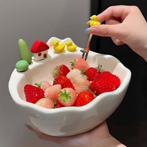 VB45D Cartoon Fruit Bowl with Fork Ceramic Decoration Fruit Serving Plate Creative Stainless Steel Fork Fruit Storage Tray Household Use