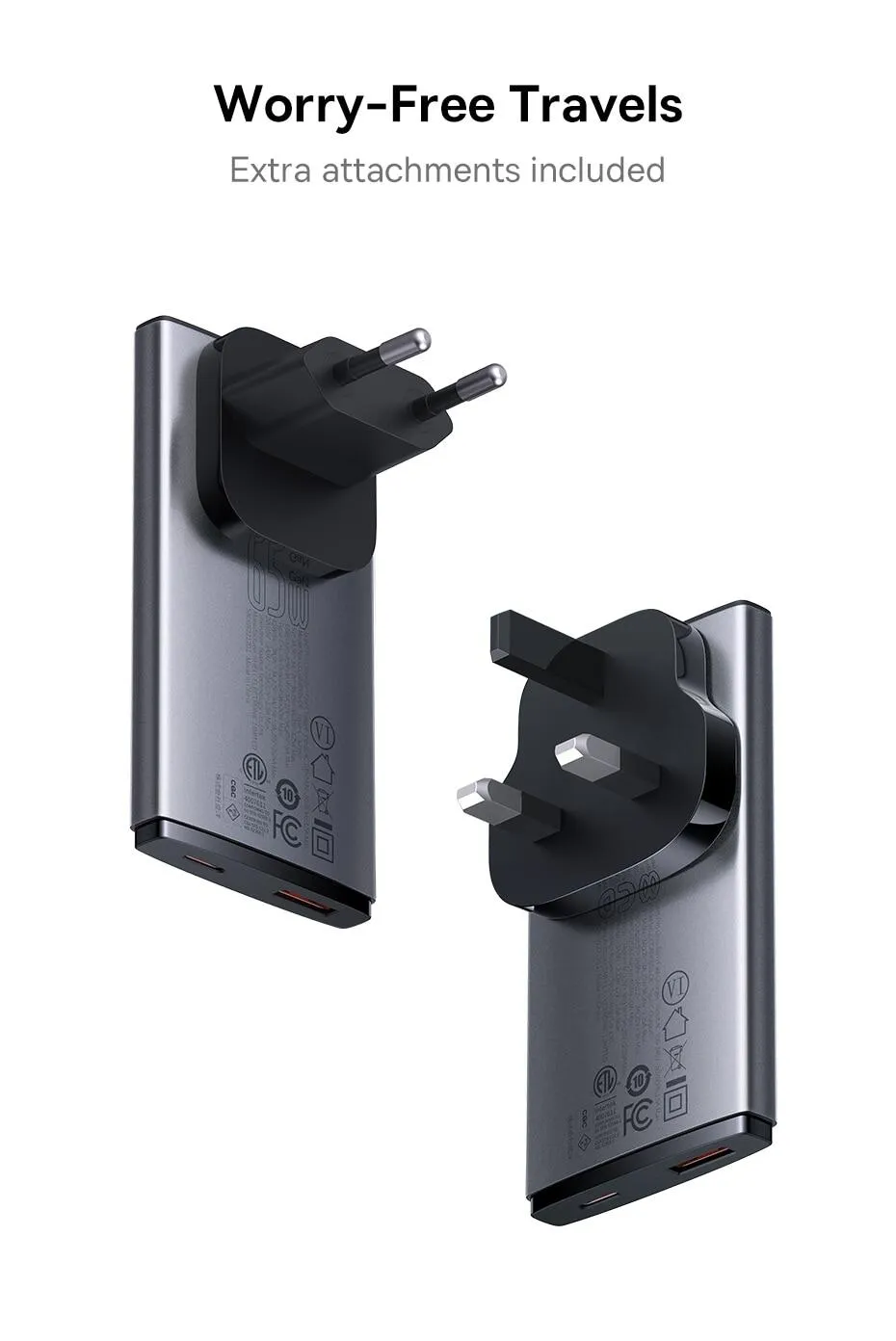 Travel Ready charger with US, EU, and UK plug options