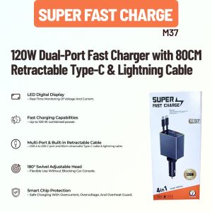 M37 Car Charger 120W | Pengecas Kereta 4 in 1 Retractable Cable Type-C IP | Fast Charging Adapter with Atmosphere Lamp 12V 24V