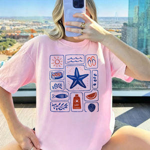 [Local Stock] HBESTY  Crewneck Graphic Cotton Tee with Grid Pattern Beach Icons Starfish Sun Waves Flip Flops Seafood SPF Bottle Watermelon Shell L