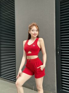 Bộ Tập Thể Thao [D02] Màu Đỏ -  Bộ Đùi Thể Thao Túi Áo Bra Rúm Ngực Chất Liệu Co Giãn Thoáng Mát Thích Hợp Đi Tập Gym Yoga Đi Biển