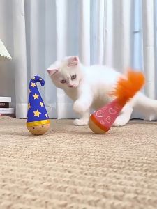 Wooden Wobble Cat Toy with Feather Top Interactive Cat Toy Self-Righting Tumbler for All Breed Sizes