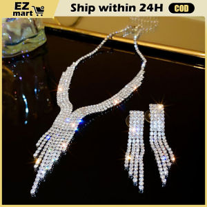 2in1 Long Vintage Tassel Crystal Drop Earrings Luxury Statement Big Necklace Chocker Rhinestone Jewelry Fashion Crystal Shiny Rhinestone Tassel Chokers Necklaces for Women Halloween