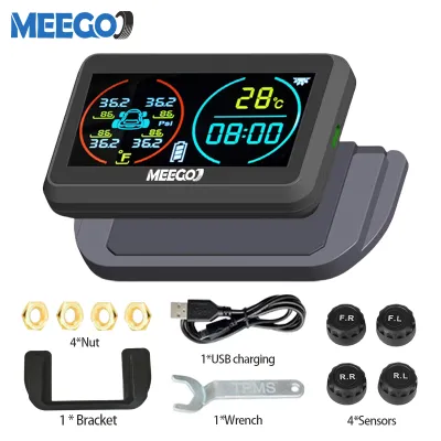 MeeGoo Car TPMS Solar Wireless Tire Pressure Monitoring System 4 Inch LCD Display USB Charge Tyre Temperature Smart Alarm Monitor IPX7 Waterproof With 4 Sensors