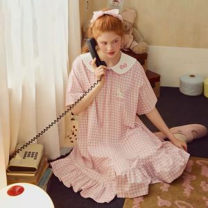 Hello Kitty Sleepwear Womens Pink Plaid Nightgown with Ruffled Collar and Hem