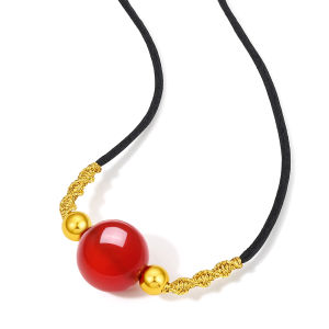 ZHOU LIU FU 周六福 24K Solid Gold Pendant Necklace Real Gold Bead Jewelry Red Agate Dainty Braided Pendant Necklace for Women Men Teen Girls A0410947