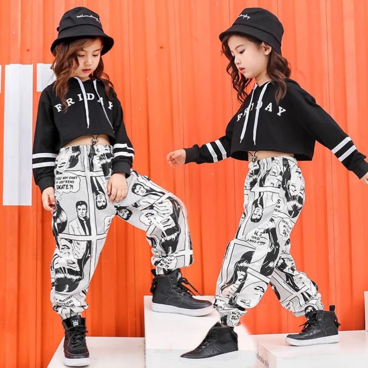 Ready Stock Kids Girls Hip Hop Outfit Streetwear Korean Jazz Dance Costume  Casual Hoodie Crop Top Comics Print Jogger Pants Clothing Set 4-16 Years