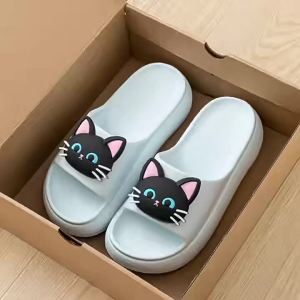[Free Shipping] Black Cat Thick-Soled Outdoor Flip-Flops Womens High-Heeled Casual Sandals Ladies Beach Shoes Home Slippers for Women
