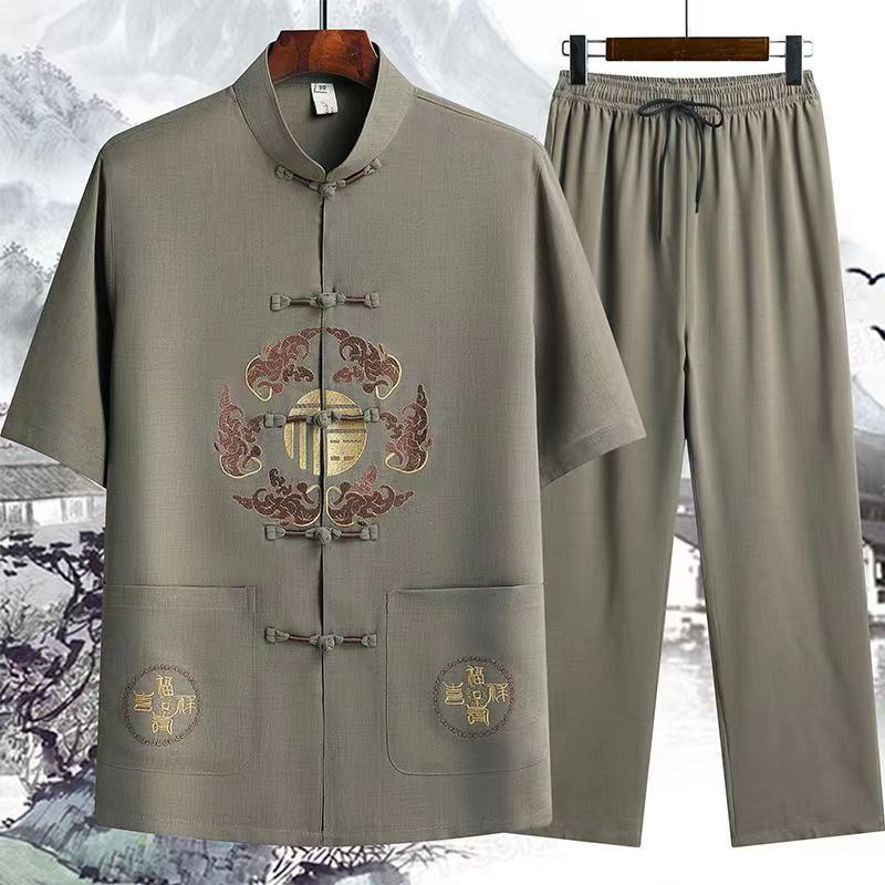 ชุดประจำชาติ Tang Suit ชายแขนสั้น Hanfu ชุดลำลองสไตล์จีนชุดไทชิชุดย้อนยุค