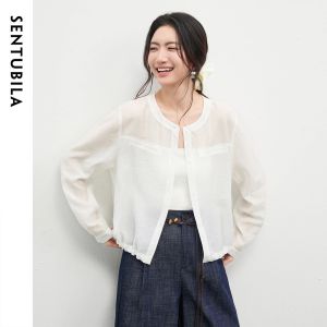 SENTUBILA Womens Oversized Lyocell Shirt 2026 Spring Summer Round Neck Long Sleeve Drawstring Sheer Casual Top 161WB50142026