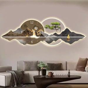 (HÌNH THẬT)Tranh đồng hồ đèn led tráng gương in UV núi non hùng vĩ 6 trang trí phòng khách quà tân gia