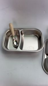 Khay Cơm Inox 2 Ngăn Kèm Thìa Inox An Toàn Dễ Vệ Sinh Chống Rơi Vỡ Hình Thú Dễ Thương