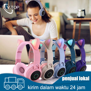 V.TOP Headset Bluetooth Model Telinga Kucing LED 5.0 Headset Bluetooth P47M Bass Stereo Nirkabel Dengan Kartu Tf 3.5Mm Dengan Mikrofon
