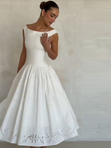 Chic Vintage White Boat Neck Dress Embroidered Cap Sleeve Cutwork Hem High Waist Flowy A-line Gown 2026 New Evening Party Outfit2026