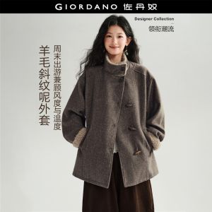Giordano Women Faux shearling trim stand collar woolen coat Free Shipping 18376516