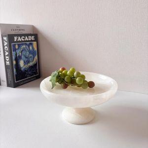 FFBH Natural Marble Fruit Plates Vintage High Footed Snack Plate Stylish Elegant Stone Art Dining Plate Exquisite Stone Tableware Q3P9R