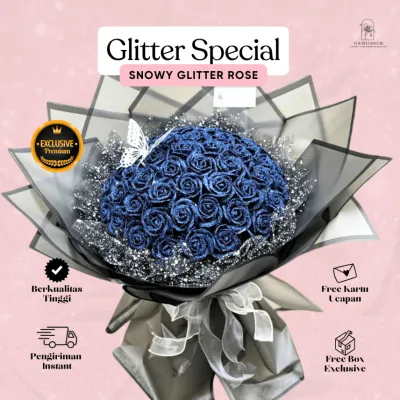 KOREAN NEW Buket Bunga Wisuda Ready Stock Glitter Rose 50 Kuntum Mawar Snowy Elegan Tidak Layu Hadiah Wisuda Ulang Tahun Gift Romantis Pasangan Anniversary