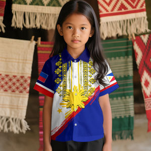 (6-13 Years Old) Philippine Flag Print Shirt Barong Shirt For Children Girl‘s Casual Shirt Barong Tagalog For Girl Modern Short Sleeved Shirt