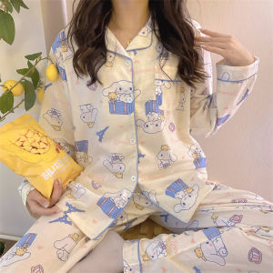2Pcs Stitch Womens Long-Sleeved Set Pajamas Kawaii Spring Y2K Cartoon Lapel Thin Girls Cute Fashion Casual Comfort Home Clothes