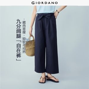 Giordano Beau Monde Women Stretch cotton tie waist wide leg ankle length pants Free Shipping 13426422