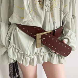 LP9U Plus Size Wide PU Leather Belt Heavy-Industrial Design Rivet Patchwork Punk Style Belt Spice Girl Style Trendy Punk Style Rivet Waist Belt for Women