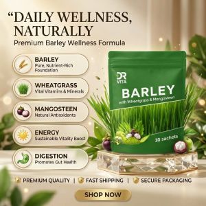 Dr. Vita Barley with Wheatgrass and Mangosteen | 30 Sachets Green Superfood Drink with Spirulina Chlorella Vitamins & Dietary Fiber