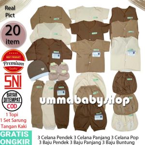20Pcs Paket Perlengkapan Baju Bayi Baru Lahir Celana Pendek Baju Pendek Baju Panjang Celana Pendek Kado Setelan Anak Newborn Baby Gift Set Girl Boy Setelan Panjang Setelan Pendek Singlet Cewek Bayi Perempuan Laki Perempuan Coklat Susu Polos
