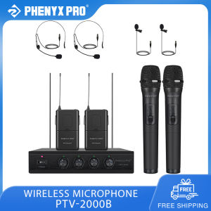 Phenyx Pro VHF Wireless Microphone System 4-Channel Wireless Microphone Set with 2 Handhelds/2 Bodypacks/2 Lapels/ 2 Headset Metal Receiver Ideal for Church Meeting Conference
