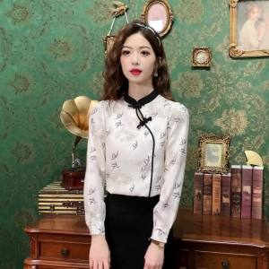 Ammin 2024 Mùa Xuân Nghệ Thuật Nghệ Thuật Phương Đông Loạt Cổ Áo Rỗng Mới Phong cách Trung Quốc Tre In Áo voan Phụ Nữ Thời Trang Cổ Điển Khóa đĩa Thiết Kế Tay áo dài áo blouse thanh lịch