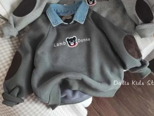 Plush Boys Sweatshirts Cute Bear Kids Sweater with Detachable Denim Collar Autumn Winte Childrens Clothing Top Cartoon Pullover2026
