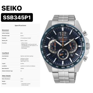 [ OFFCIAL SEIKO WARRANTY ] SEIKO SSB345P1 CHRONOGRAPH STAINLESS STEEL BAND MEN WATCH