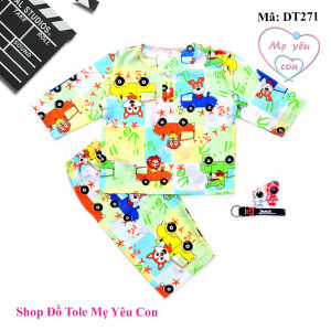 Bộ ngủ dài tay bé trai Size 5 (14-15kg). Vải tole/lanh 2 da loại 1 mát rượi. Có 2 nút cài trước cổ