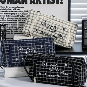 CHANBAEK Multi-Layer Cat Printed Pen Pouch Large Capacity Embroidered Stationery Organizer Cute Striped Stationery Storage Bag School