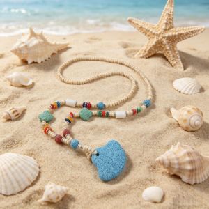 XUANY Colorful Beaded Pendant Necklace Adjustable Long Chain Volcanic Rock Necklace Heart Pendant Geometric Shape Starfish Clavicle Chain Summer Wear