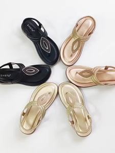 Womens Rhinestones  T  Bohemian Wedge Sandals with Straps Comfortable Slip-On Round Toe Elastic Strap Roman Flip-Flops Suitable for Summer Beach Vacation Daily Leisure